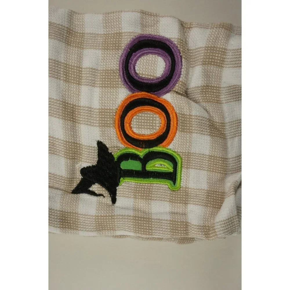 New Set of Two BOO Witches Hat Halloween Kitchen Towels White Cotton Checkered